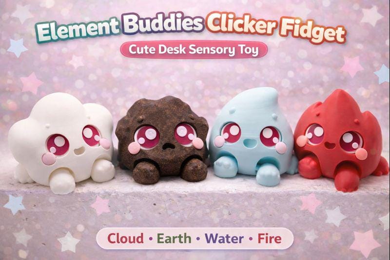 Element Buddies Clicker Fidget – Cute Desk Sensory Toy (Cloud, Sand, Water & Fire)
